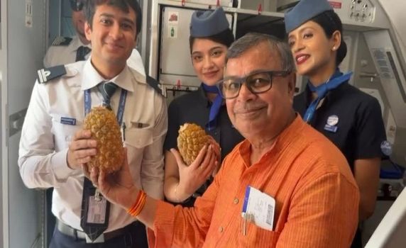 Tripura Agriculture minister Ratanlal Nath gifts Queen Pineapple to pilot, cabin crew of Indigo.